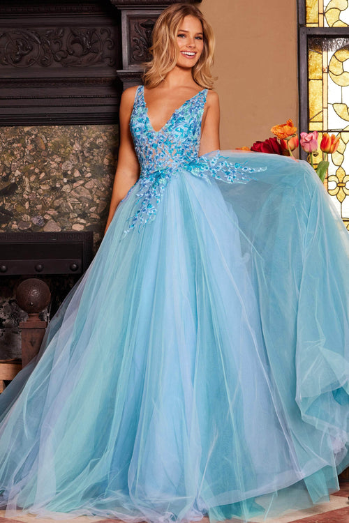Jovani 23577 - Elegant Floral Lace V-Neck Ballgown - Prom