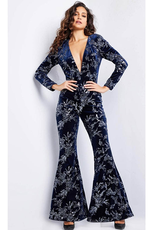 Jovani 23708 - Glamorous Deep V-Neck Sequin Jumpsuit - Prom