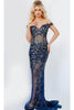 Jovani 23760 Off-Shoulder Beaded Translucent Gown - Navy / 00 - Prom