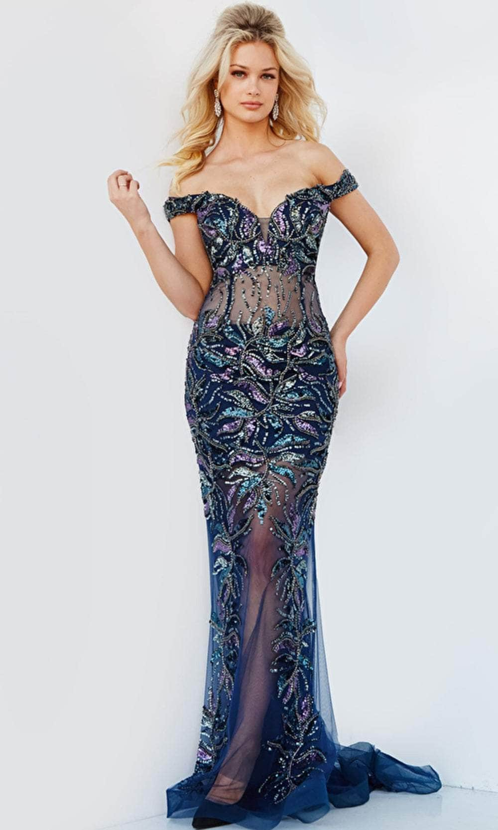 Jovani 23760 Off-Shoulder Beaded Translucent Gown - Prom