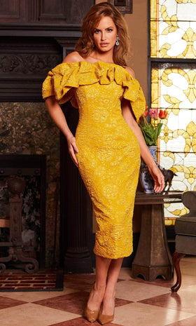 Jovani - 23848 Mustard Off-Shoulder Ruffled Cocktail Dress