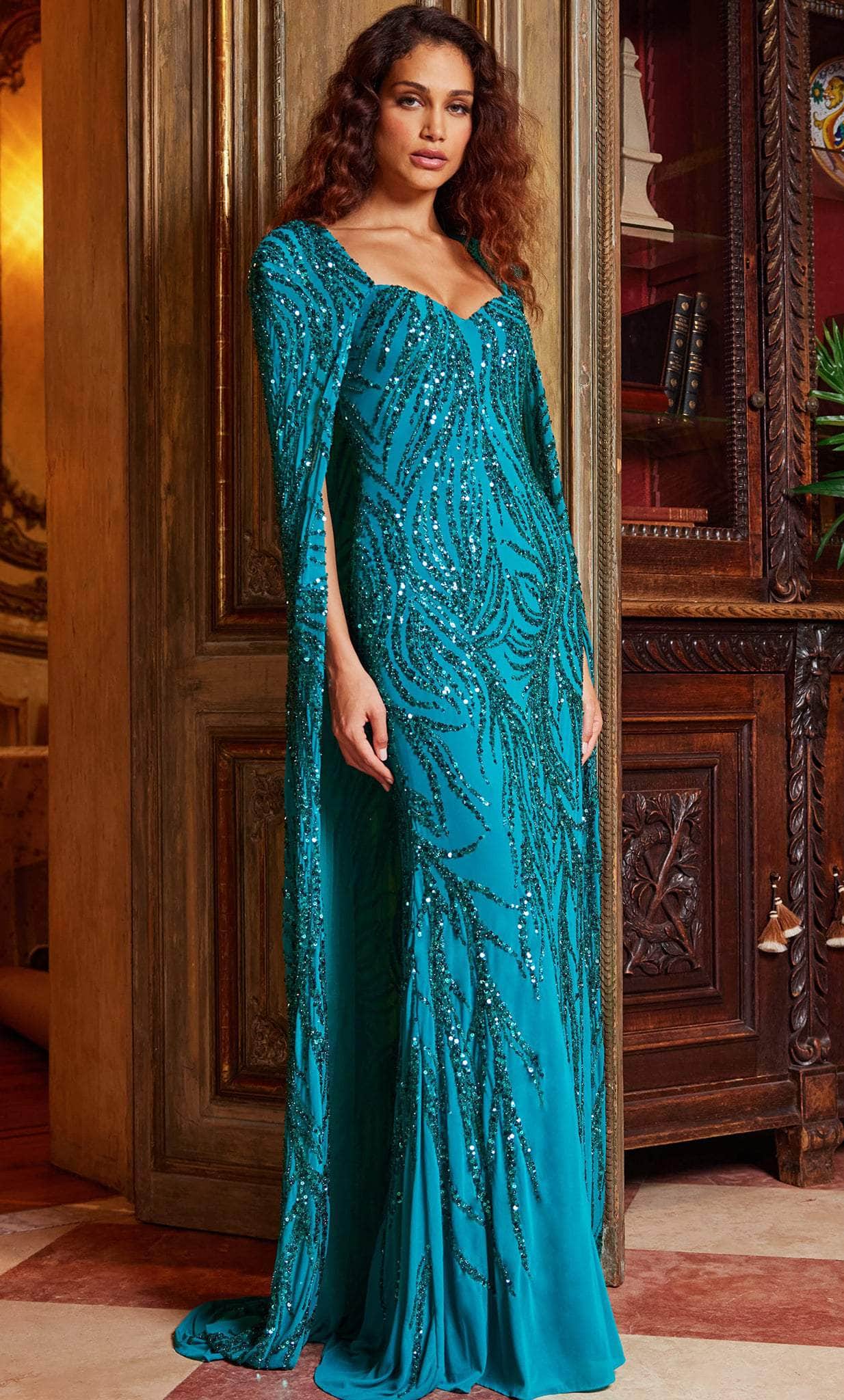 Jovani 23891 - Sequin Evening Dress with Long Cape - Prom