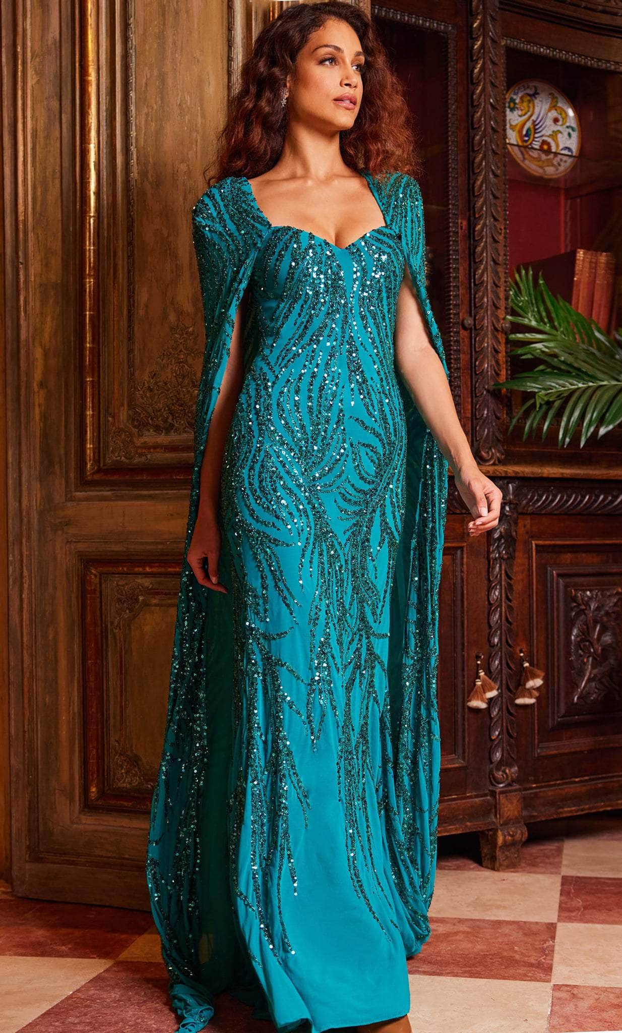 Jovani 23891 - Sequin Evening Dress with Long Cape - Prom