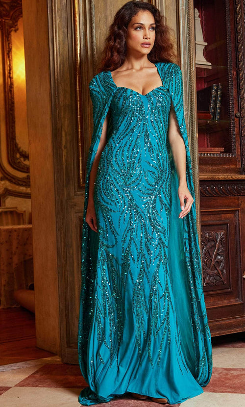 Jovani 23891 - Sequin Evening Dress with Long Cape - Prom