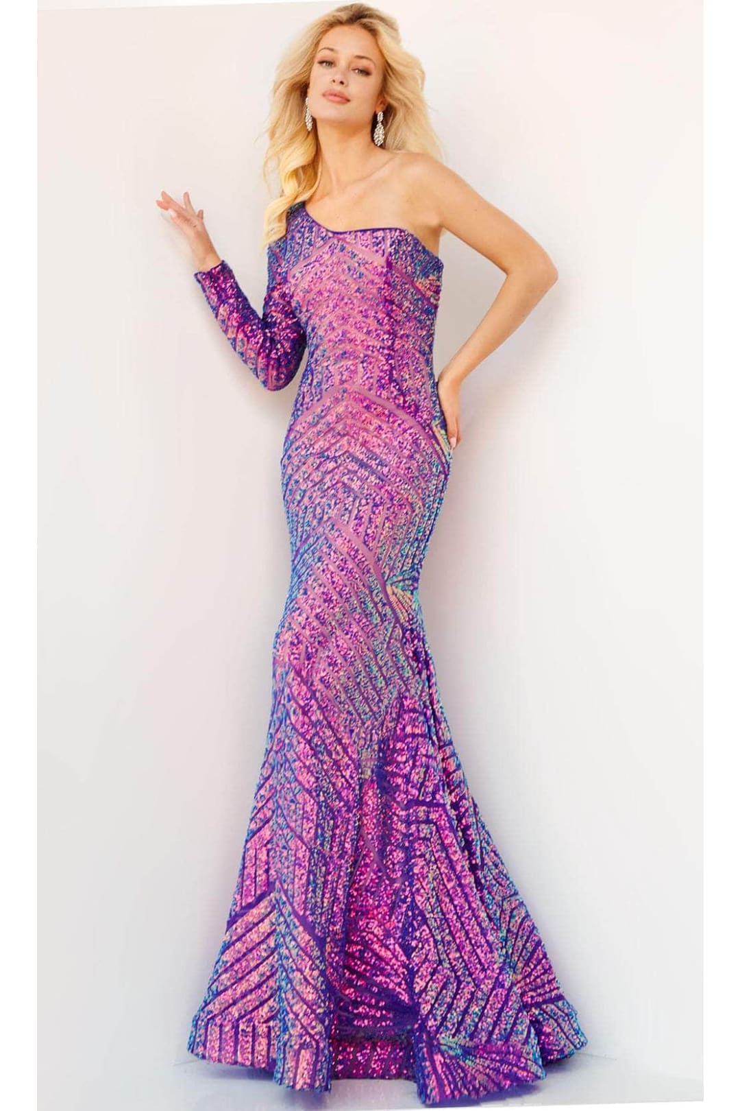 Jovani 24098 - One Sleeved Sequin Prom Dress - Emerald / Prom