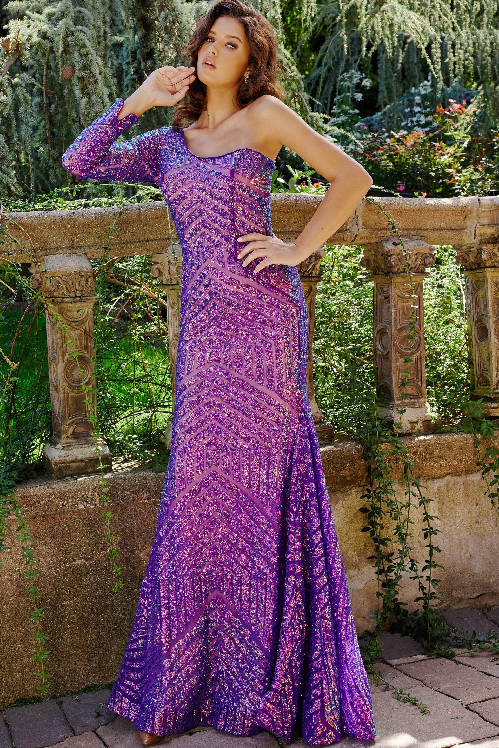 Jovani 24098 - One Sleeved Sequin Prom Dress - Prom