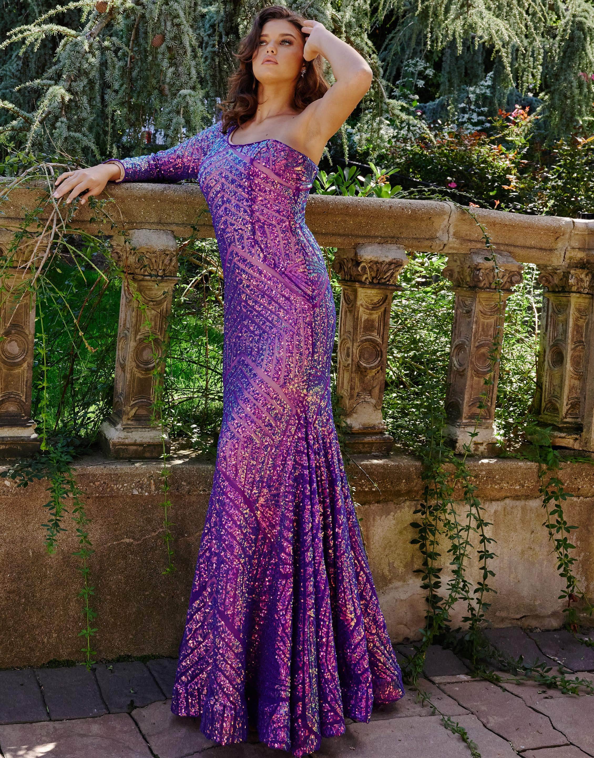Jovani 24098 - One Sleeved Sequin Prom Dress - Prom