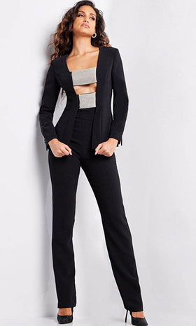 Embellished Front Panel Long Sleeve Pantsuit by Jovani
