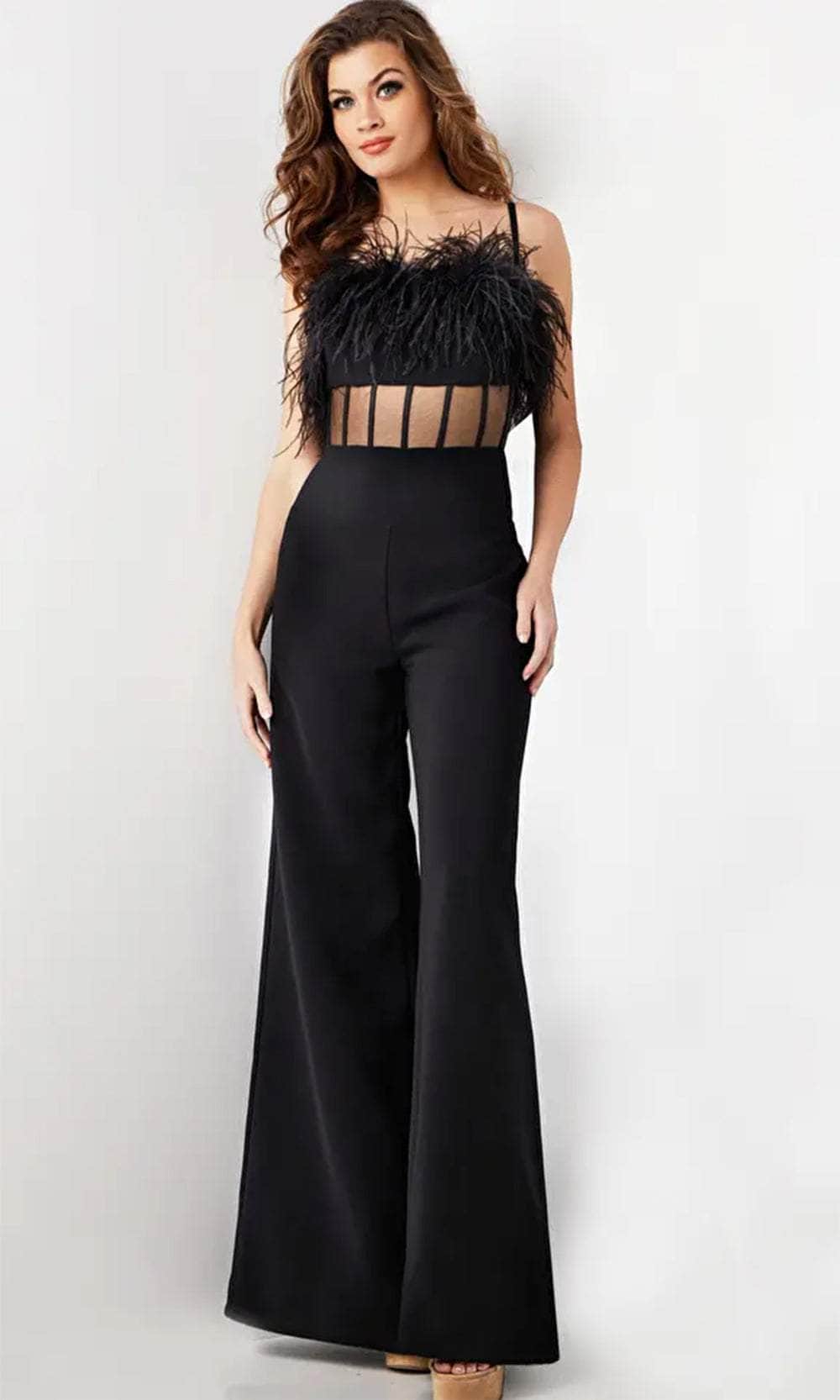 Jovani 24144 - Sleeveless Feather Detailed Jumpsuit - Prom