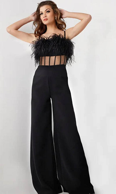 Jovani 24144 - Sleeveless Feather Detailed Jumpsuit - Prom