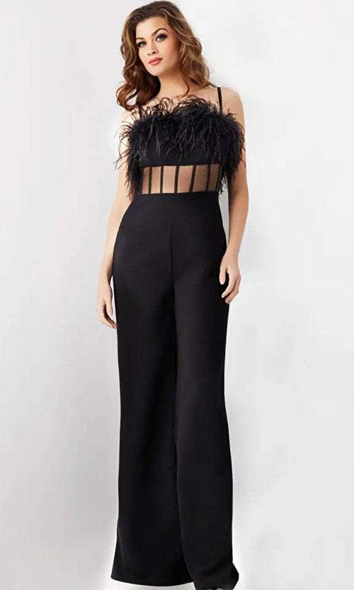 Jovani 24144 - Sleeveless Feather Detailed Jumpsuit - Prom