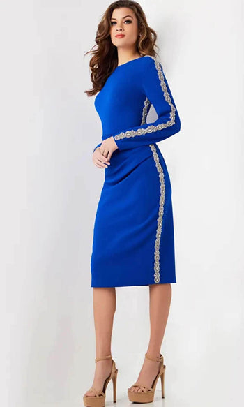 Jovani - 24192 Knee-Length Dress with Embellished Side and Long Sleeves - Prom