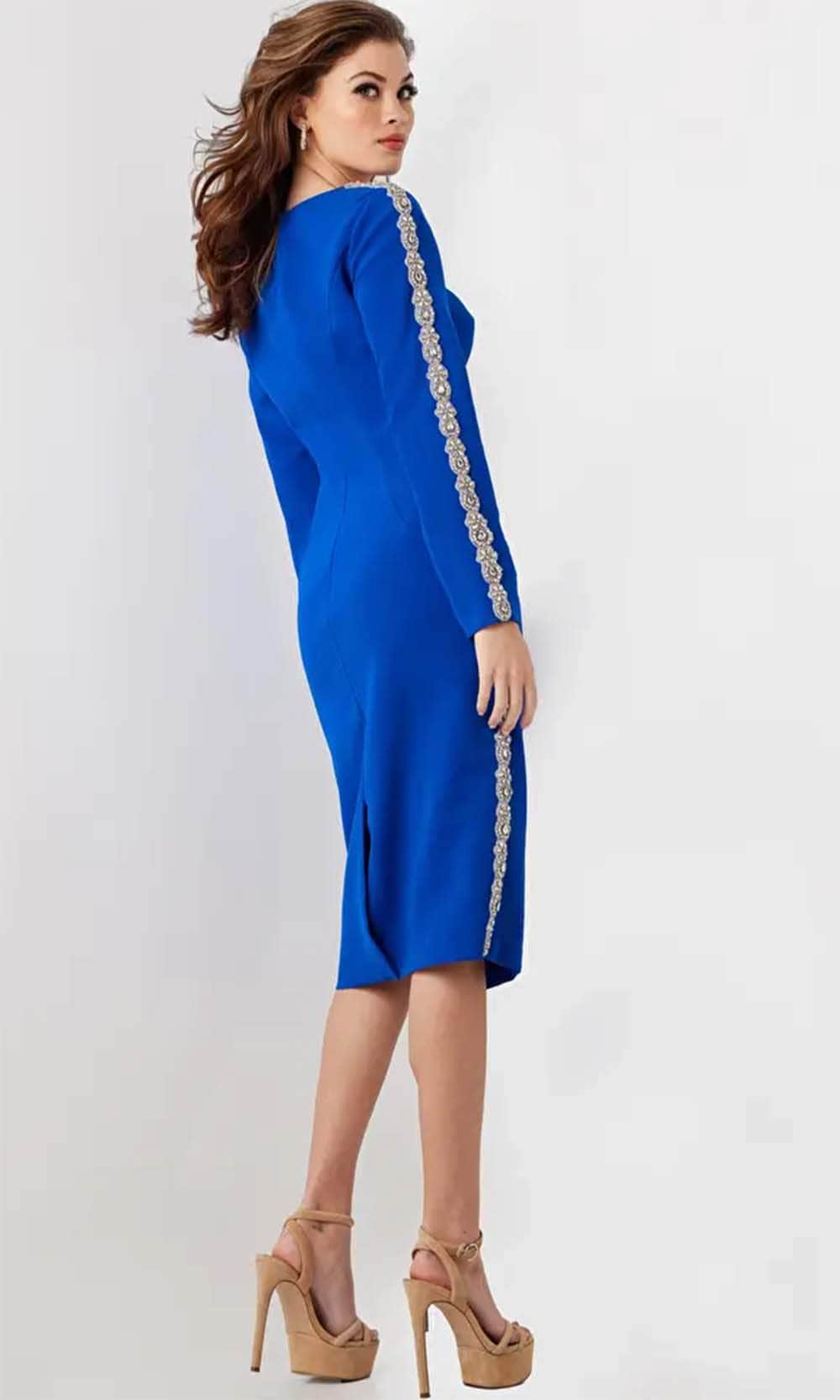 Jovani - 24192 Knee-Length Dress with Embellished Side and Long Sleeves - Prom