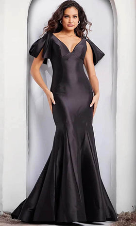 Sleek Black V-Neck Mikado Evening Gown by Jovani