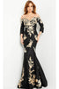 Jovani - 24327 Off-Shoulder Mermaid Dress with Floral Design - Black/Gold / 00 - Prom