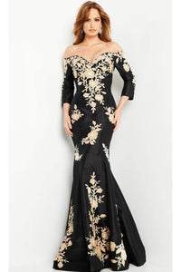 Jovani - 24327 Off-Shoulder Mermaid Dress with Floral Design - Black/Gold / 00 - Prom