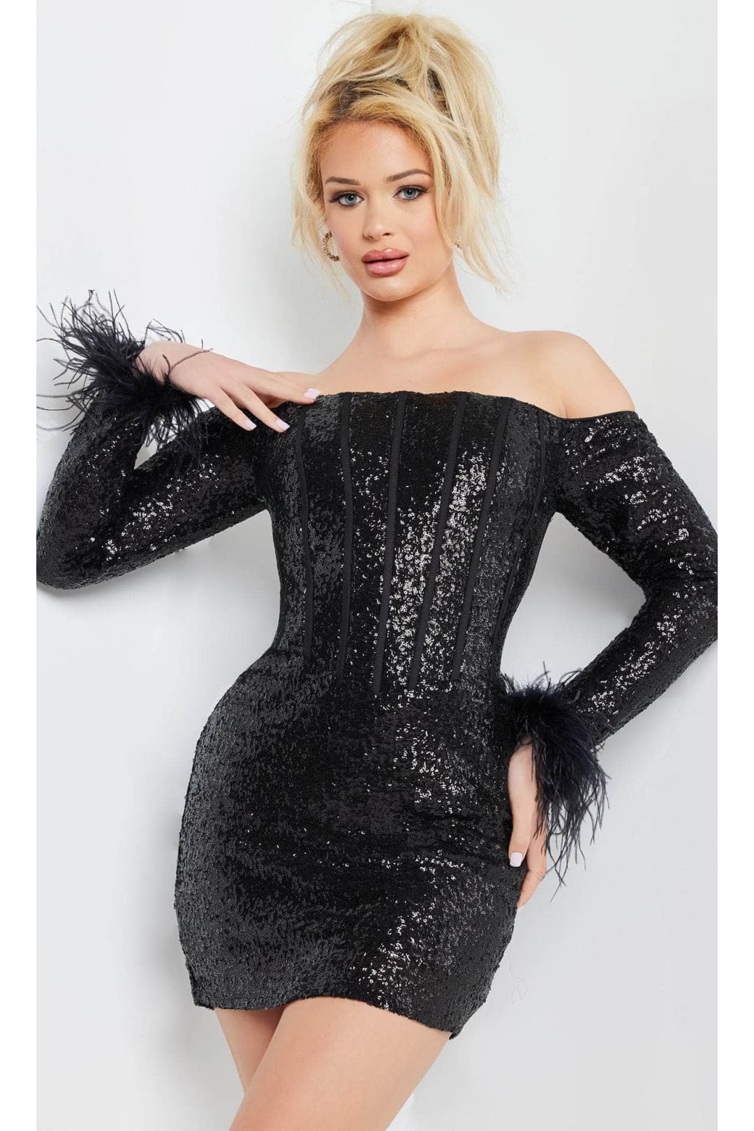 Jovani 24589 Sheath Cocktail Dress with Feathered Cuffs - Prom