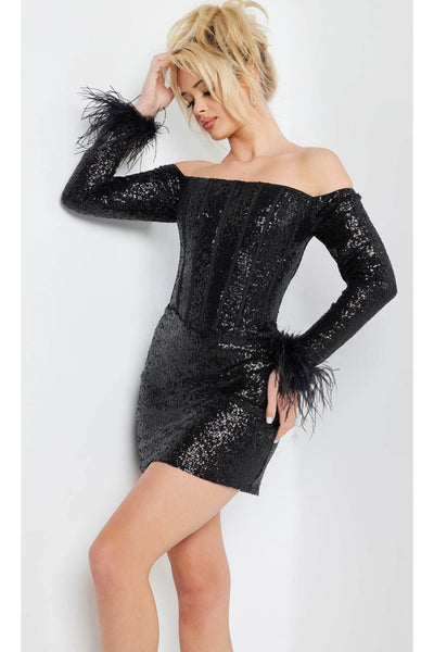 Jovani 24589 Sheath Cocktail Dress with Feathered Cuffs - Prom