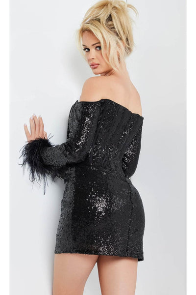 Jovani 24589 Sheath Cocktail Dress with Feathered Cuffs - Prom