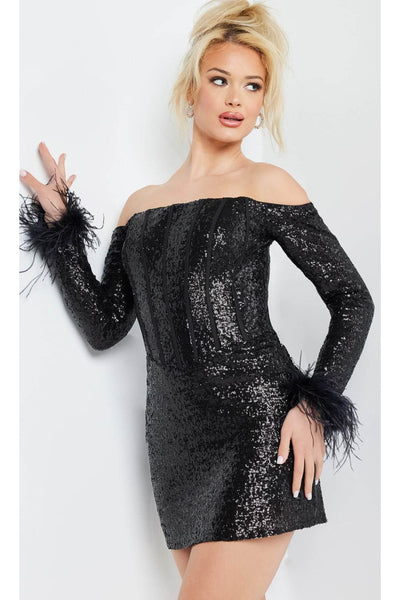 Jovani 24589 Sheath Cocktail Dress with Feathered Cuffs - Prom
