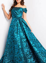 Jovani 25665 - Cap Sleeve Jacquard Evening Gown