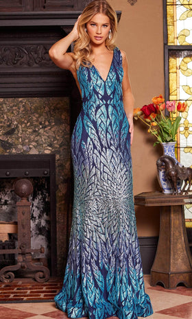 Jovani 25687 - Deep V-Neck Sheer Sides Classic Prom Gown