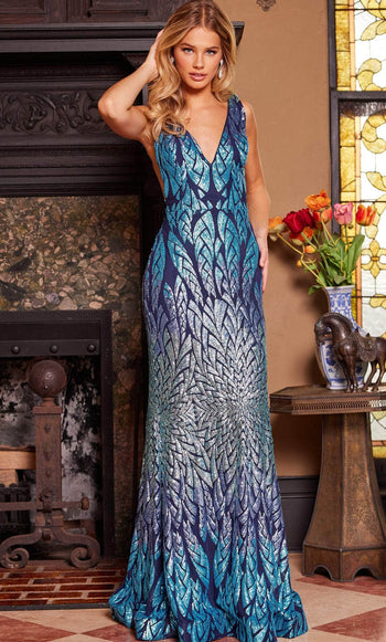 Jovani 25687 - Deep V-Neck Sheer Sides Classic Prom Gown - Prom