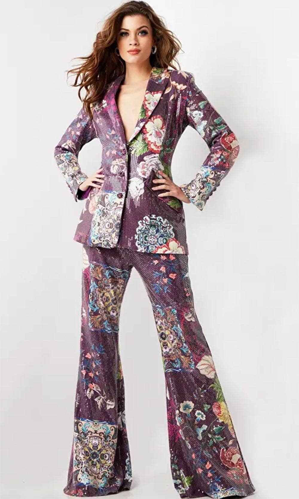 Jovani 26034 - Sequin Embellished Deep V-Neck Pantsuit - Prom