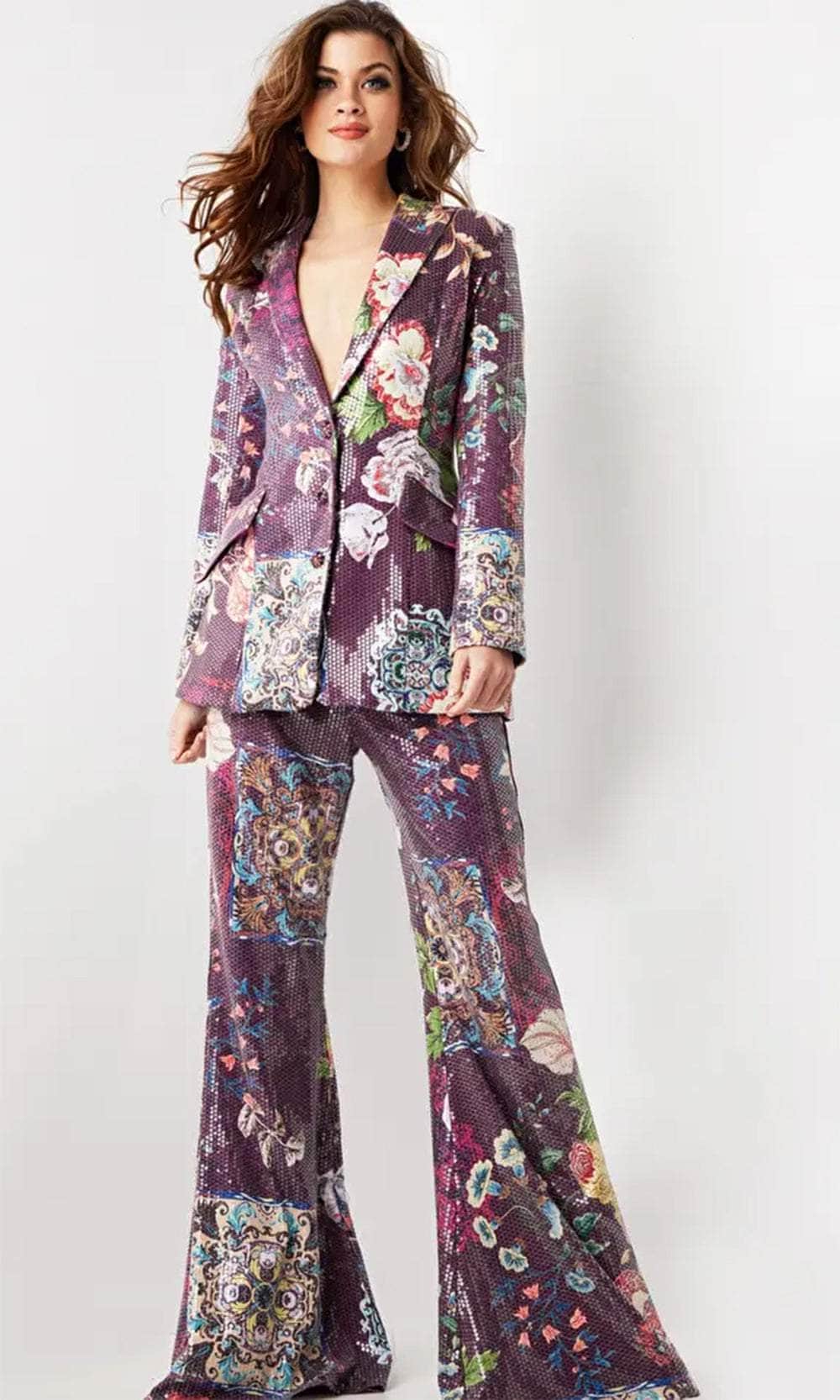 Jovani 26034 - Sequin Embellished Deep V-Neck Pantsuit - Prom