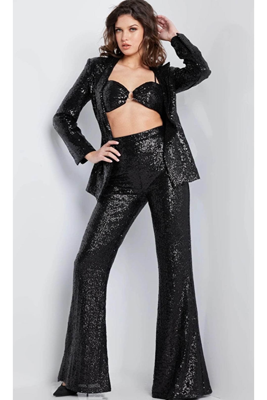 Jovani 26042 Striking Exposed Midriff Pantsuit - Black / 00 - Prom