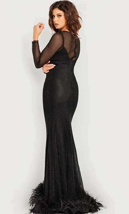 Jovani 26047 - Long Sleeve Evening Dress with Feather Details - Prom