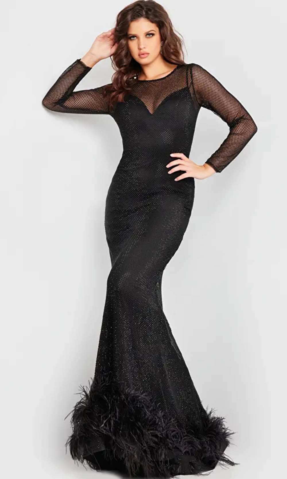 Jovani 26047 - Long Sleeve Evening Dress with Feather Details - Prom