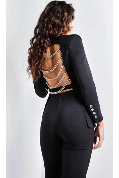 Jovani 26144 - Chain-Detailed Long Sleeve Pantsuit - Black / 00 - Prom