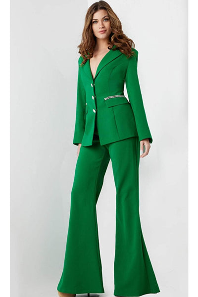 Jovani 26144 - Chain-Detailed Long Sleeve Pantsuit - Emerald / 00 - Prom
