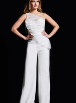 Jovani 26171 Bridal White Jumpsuit for Women One Shoulder Ruche Outfit