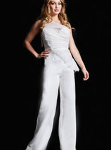 Jovani 26171 Bridal White Jumpsuit for Women One Shoulder Ruche Outfit