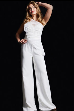 Jovani 26171 Bridal White Jumpsuit for Women One Shoulder Ruche Outfit
