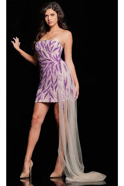 Jovani 26274 - Fitted Strapless Cocktail Dress with Embellishments - Purple/Nude / 00 - Prom