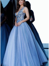 Jovani 3110 - Enchanting Floral Appliqué Deep V-Neck Tulle Ballgown