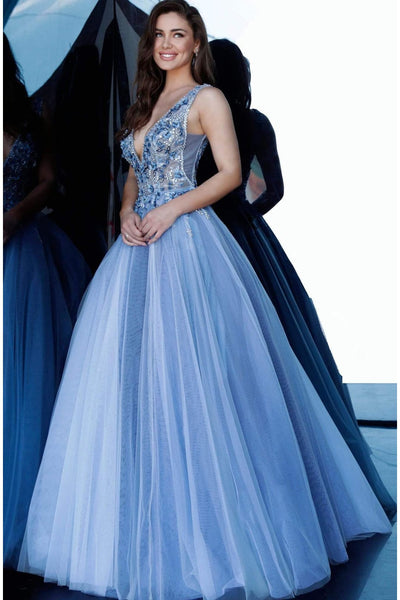 Jovani 3110 - Enchanting Floral Appliqué Deep V-Neck Tulle Ballgown - Prom