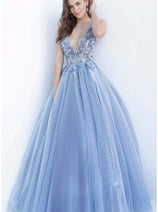 Jovani 3110 - Enchanting Floral Appliqué Deep V-Neck Tulle Ballgown