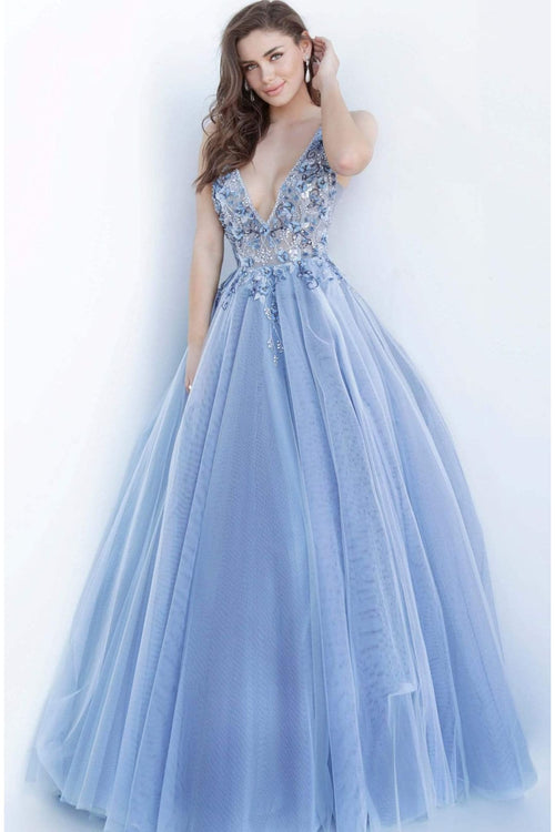 Jovani 3110 - Enchanting Floral Appliqué Deep V-Neck Tulle Ballgown - Prom