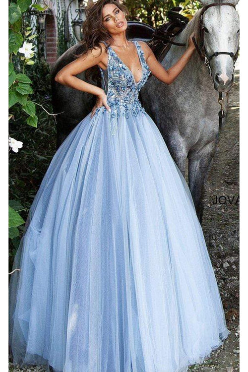 Jovani 3110 - Enchanting Floral Appliqué Deep V-Neck Tulle Ballgown - Prom