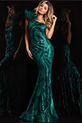 Jovani 32596 - Dazzling Sequined Dress with Feathered Shoulders