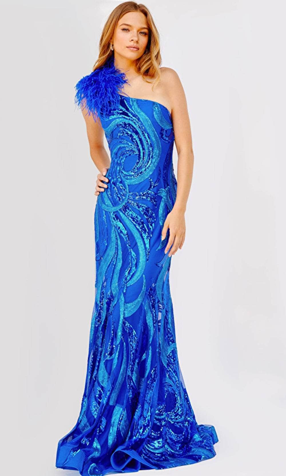 Jovani 32596 - Dazzling Sequined Dress with Feathered Shoulders - Prom