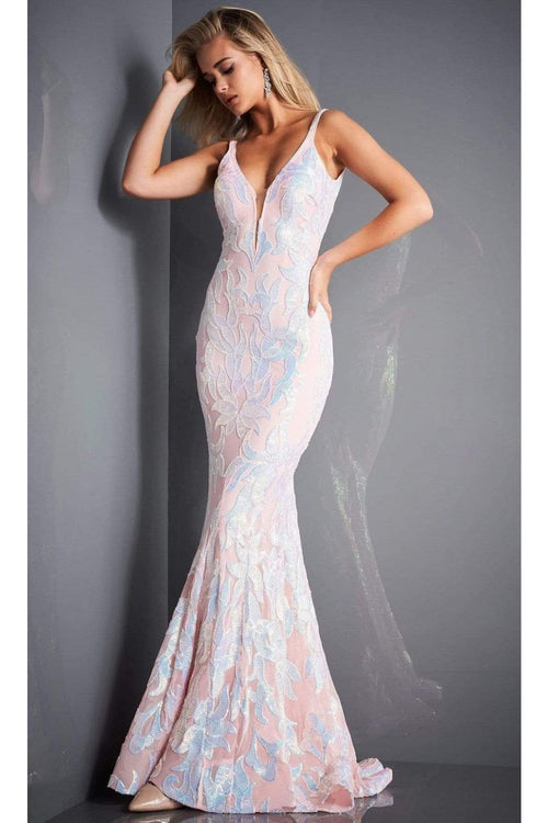Jovani 3263 - Deep V-Neck Fit and Flare Simple Prom Dress - Prom