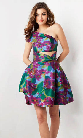 Jovani - 34408 Cocktail Dress with One Sleeve and Cut-Out Details
