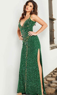 Jovani 36643 - Beaded Mesh Plunging Neck Gown - Prom