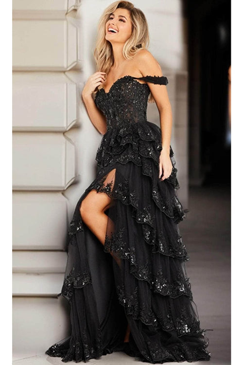 Jovani 36687 - Scalloped A-Line Prom Dress with Slit - Black / 00 - Prom