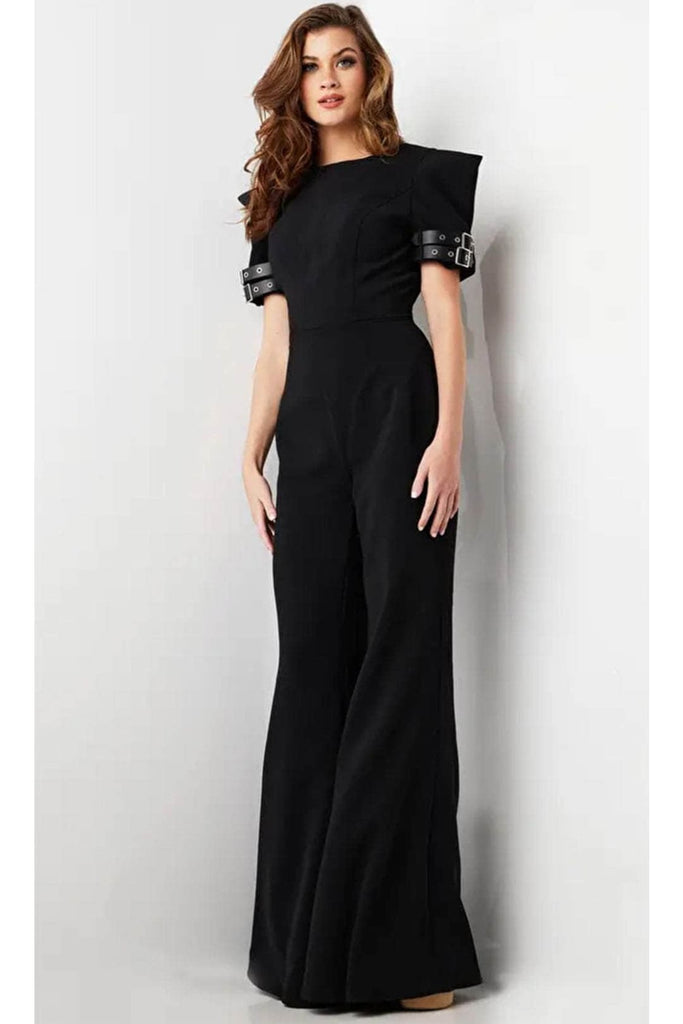 Jovani 36692 - Belt-Like Detailed Short Sleeve Jumpsuit - Black / 00 - Prom